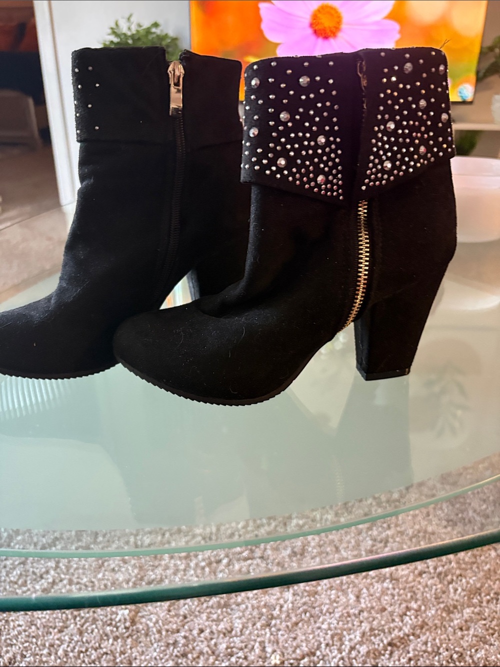Black swade  Studded Fold-Over Ankle Boots